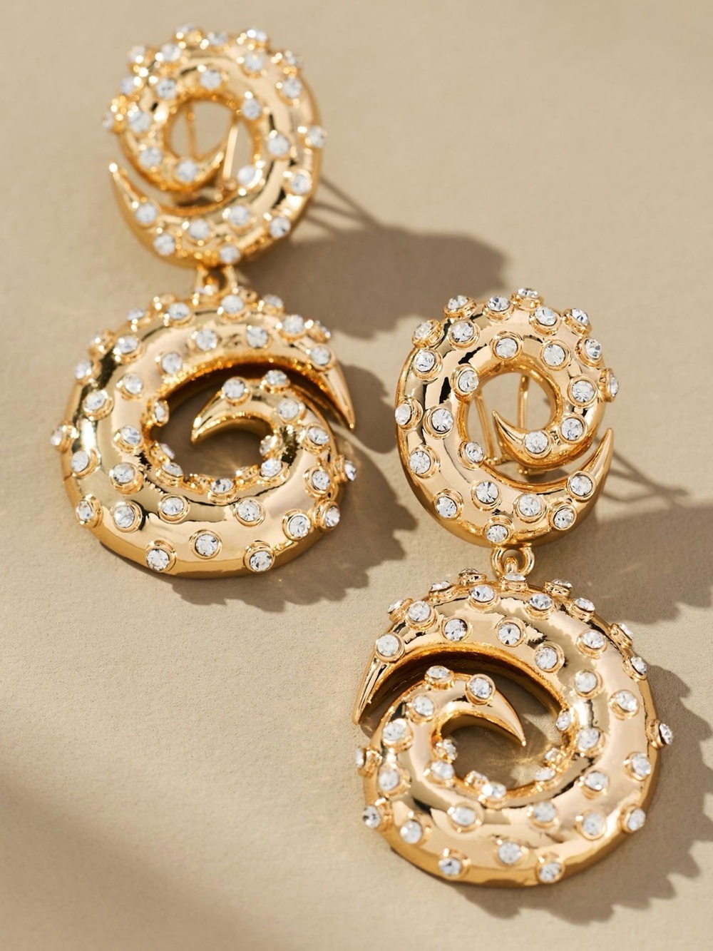 Anthropologie double swirl Gold Crystal Spiral Drop Statement Earrings